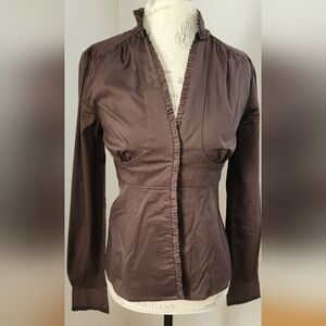BANANA REPUBLIC Chocolate Brown Ruffle Standing Collar Women's Top SIZE S
